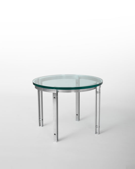 M1 Hank Kwint – Table d'appoint ronde vintage en verre et métal, éditée par Metaform. Design iconique des années 1980